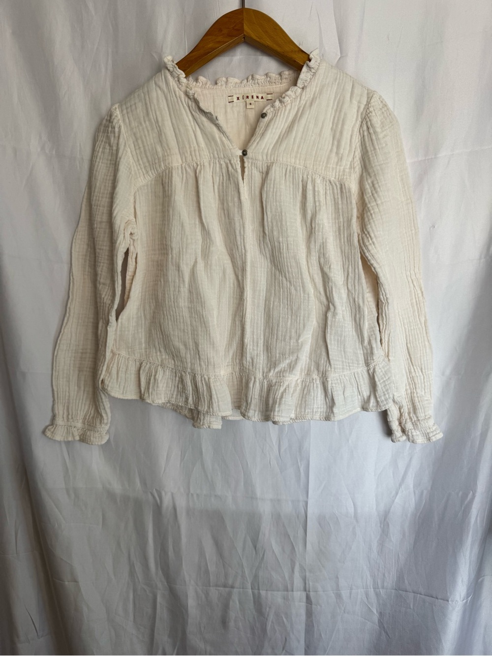 Xirena Cotton Gauze Ruffle Trim Long Sleeve Blouse Size S